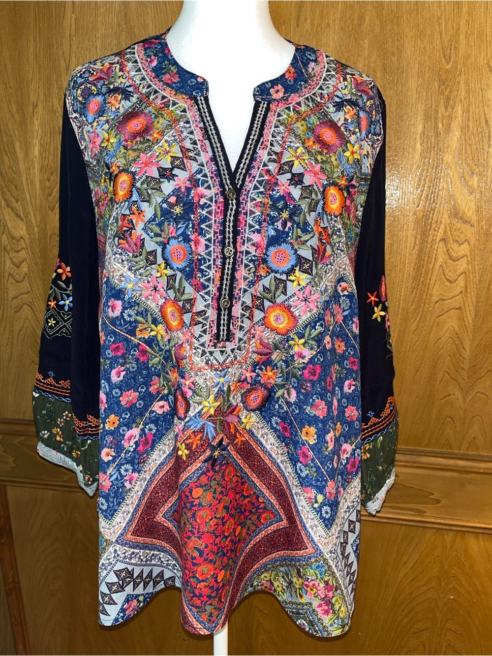 Sz S John Mark Navy Blue Multi Scarf Embroidered Floral Tunic 3/4 Sleeve
